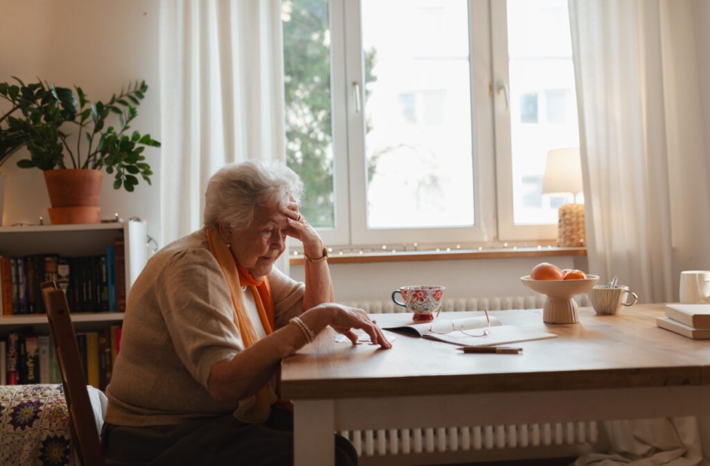 A senior sits home alone at their kitchen table, struggling with feelings of isolation and loneliness