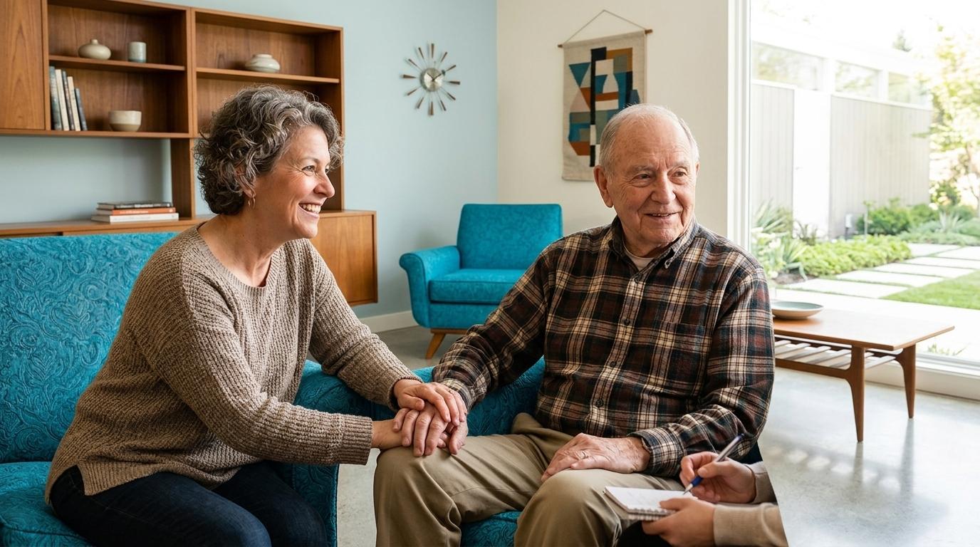 A family gathers around a table to have an honest, heartfelt conversation about a loved one's care needs.