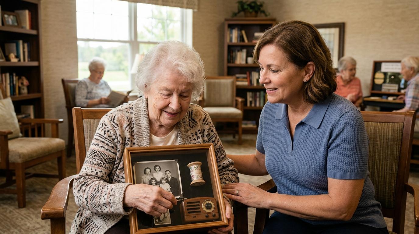 An older adult looks at an heirloom and a photograph, trying to remember.