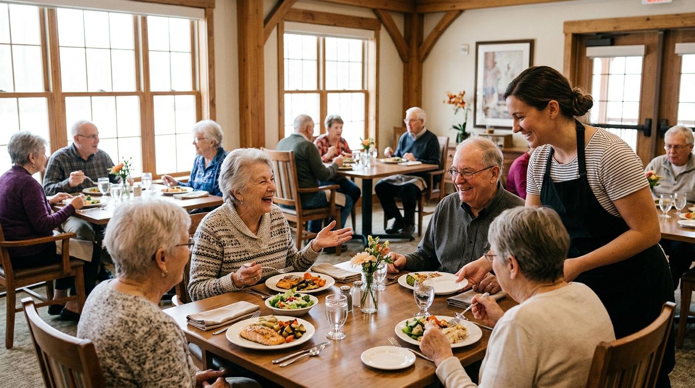 Seniors dining together in a bright, welcoming room at Hamilton House Senior Living in Cedarburg, Wisconsin.