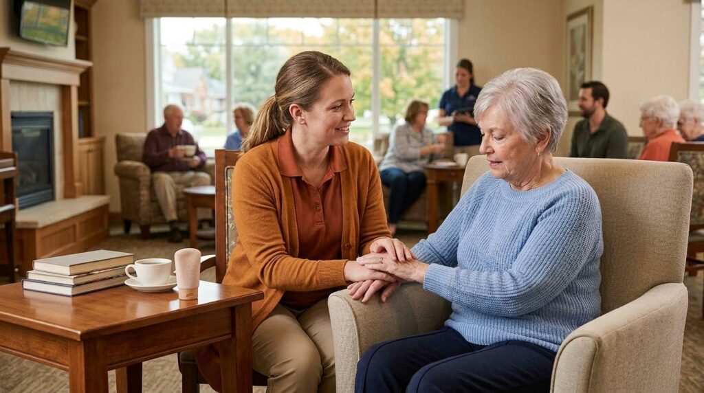 A senior sits in an armchair, holding a younger caregiver's hand, as other seniors gather at the back of the room.