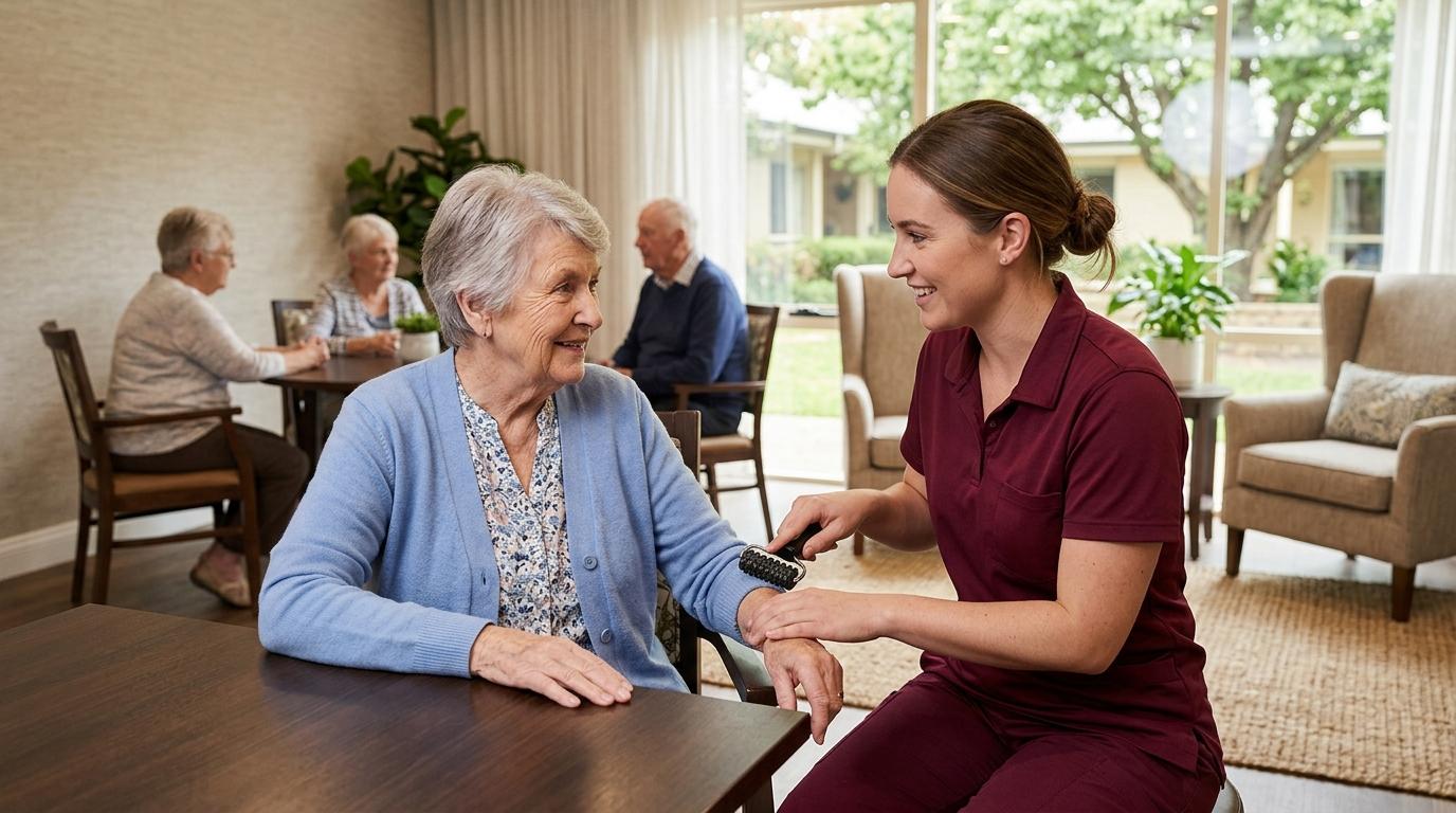 Sitting in a sunlit room, a senior smiles as she receives a gentle massage from a caregiver with a massage roller.
