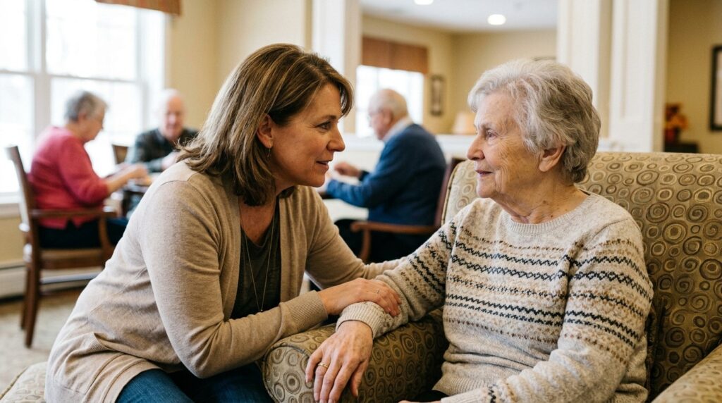 An adult having a gentle, caring conversation with an older family member about senior living options.